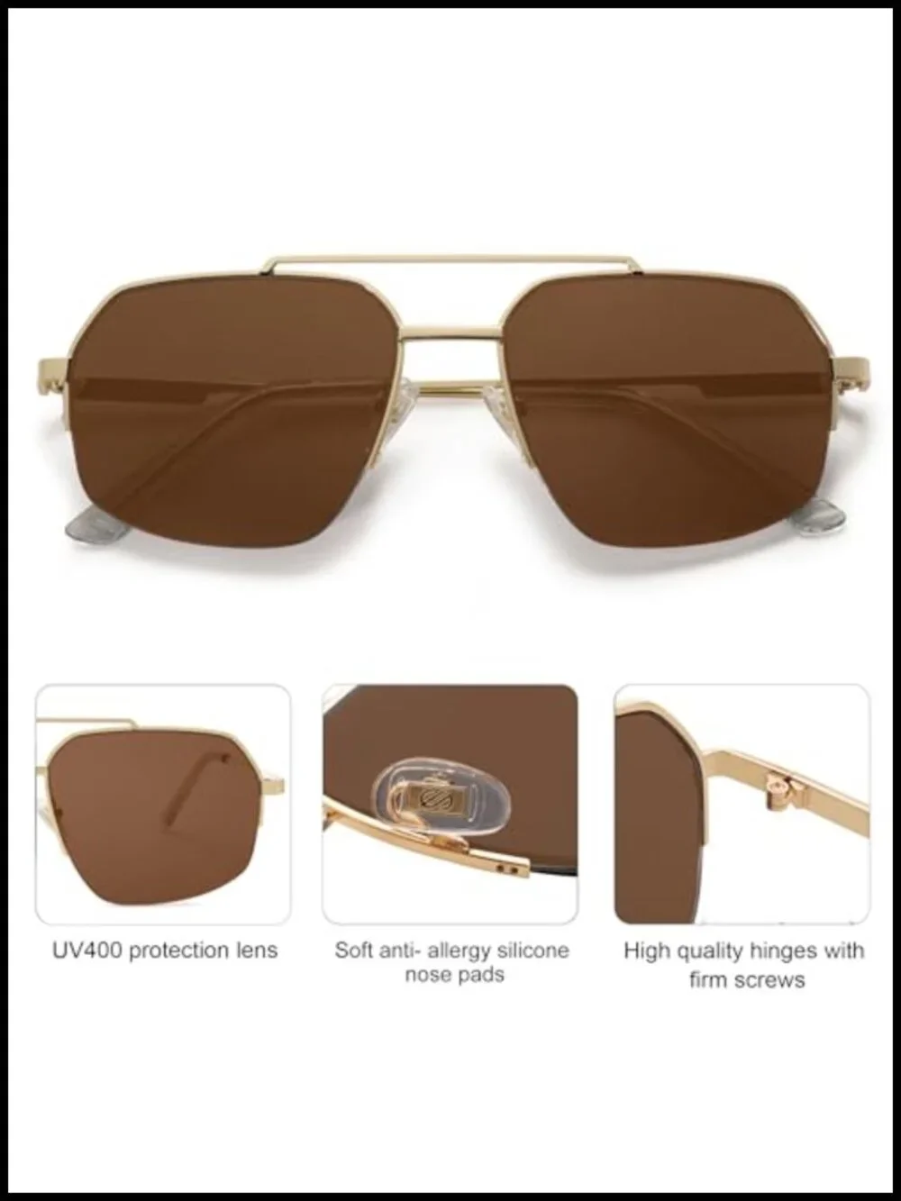 Vintage Aviator Sunglasses Semi-Rimless Metal Frame UV400 PC Lenses